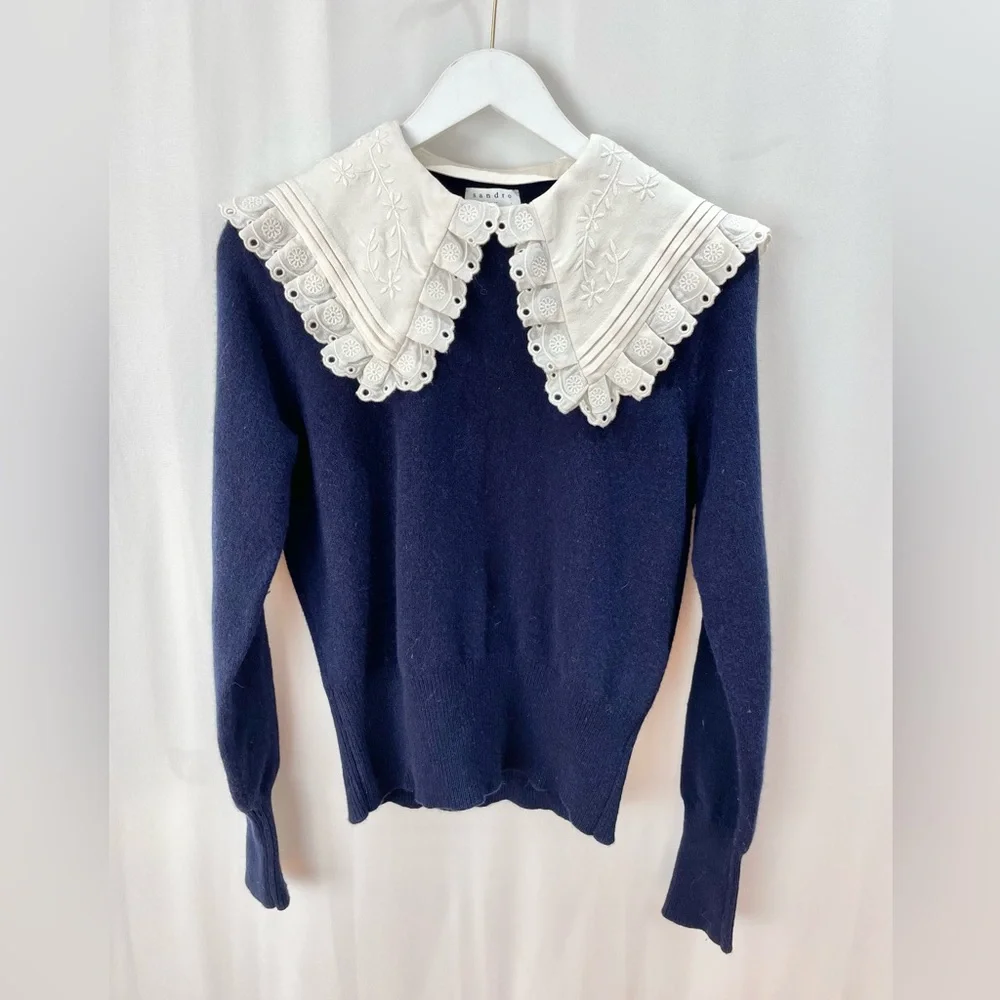 Sandro Sivane Navy Blue 100% Wool Pilgrim Broderie Trim Collar Sweater Size 2(S) - Picture 4 of 10